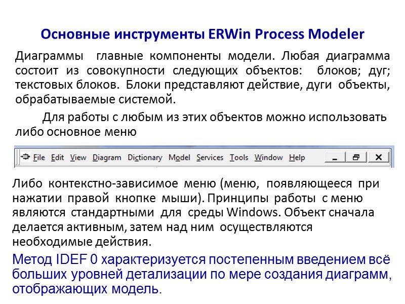 Основные инструменты ERWin Process Modeler Диаграммы  главные компоненты модели. Любая диаграмма состоит из